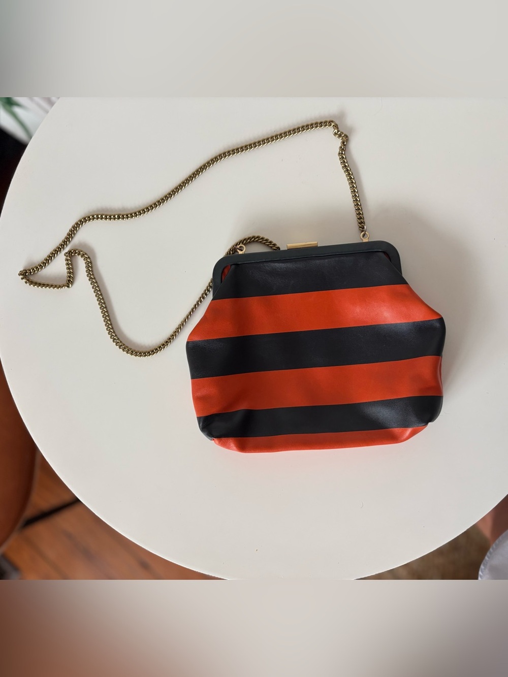 RARE Clare V Flore—Italian Leather in Navy and Orange Stripe